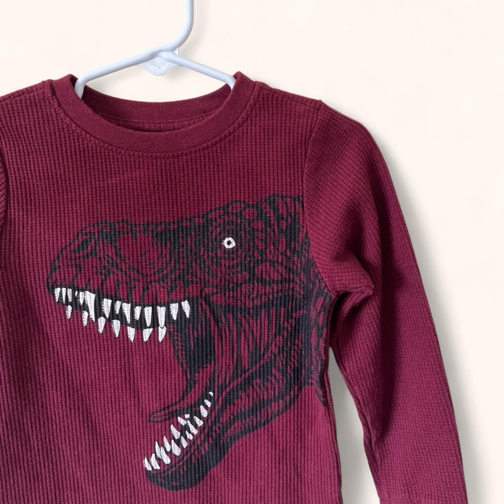 2T Boy Cooper Denim Long Sleeve Waffle Knit Thermal T-Rex Dino Shirt - Picture 3 of 7